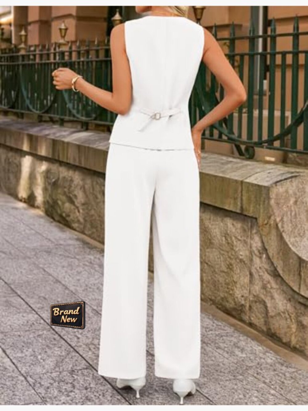 Sleeveless Blazer Vest Wide Leg Pants 2 Piece Suit Set Business Casual Work - Picture 5 of 7